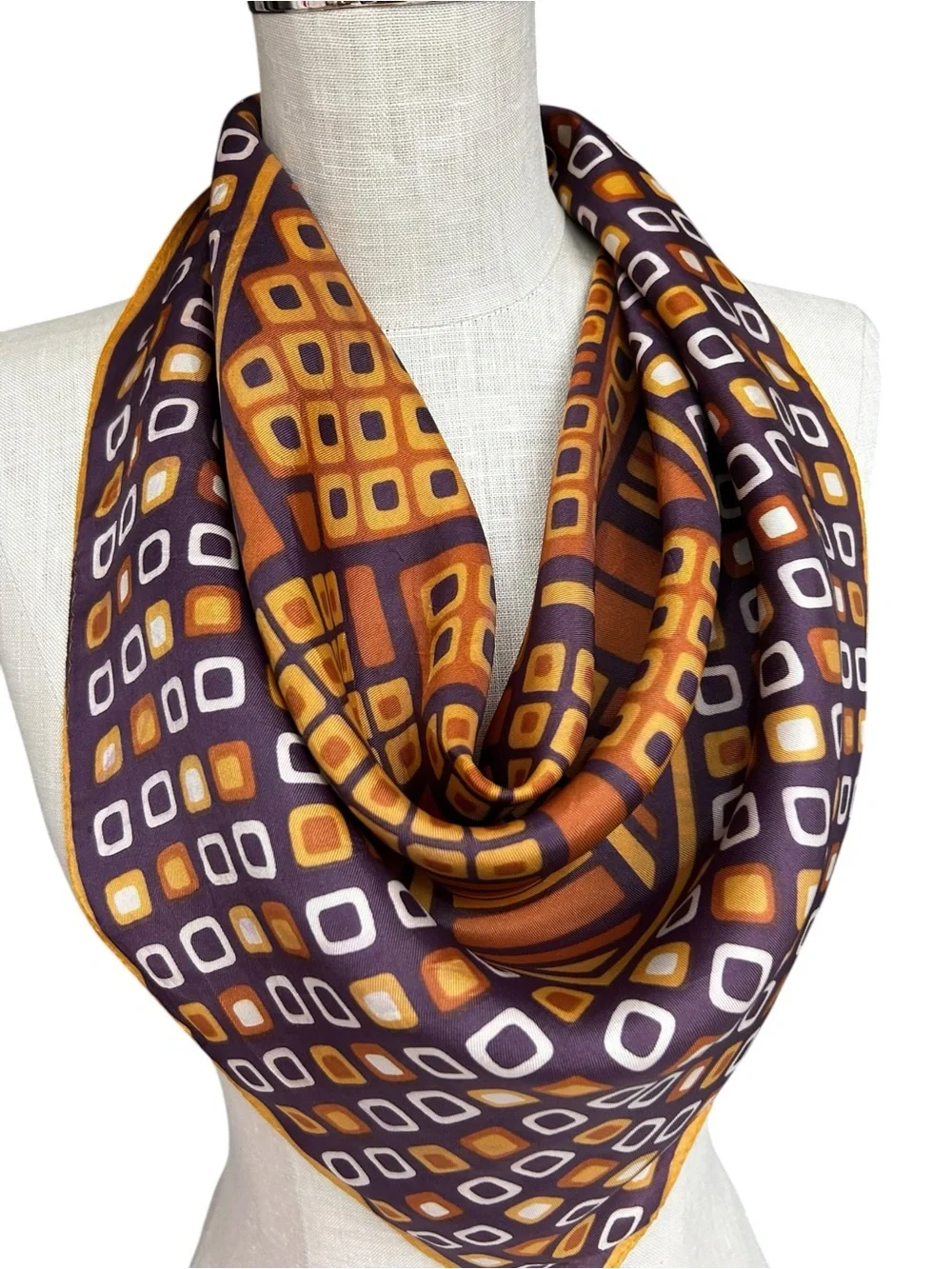 Vintage Mod Geometric Square Scarf Brown Orange Retro Silk Scarf